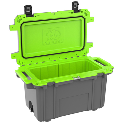 PELICAN<sup>&reg;</sup> 70 QT Cooler – This large durable cooler features press and pull latches, integrated cup holders, built in bottle opener, non-skid and non-marking raised feet, molded-in lock hasp and stainless steel plate. So tough it’s guaranteed for life. 